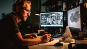 Un designer travaillant sur un modèle 3D sur un ordinateur, avec un prototype imprimé en 3D à côté